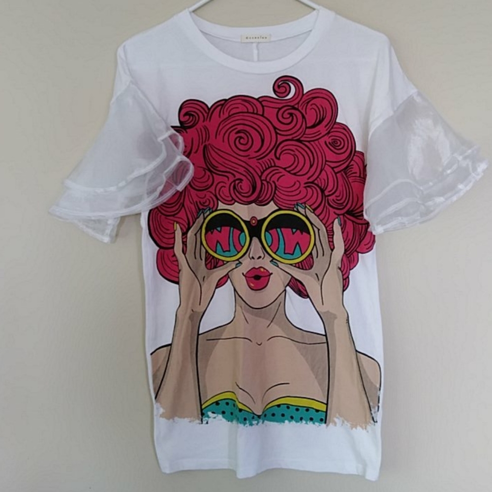Occasion Graphic 3D Ruffled Sleeve Tee Shirt Small